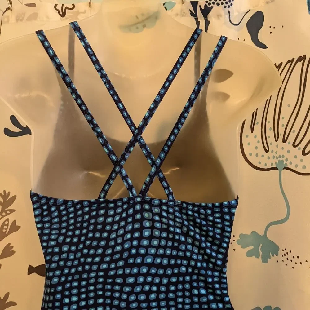 Jantzen Strappy Navy Blue One Piece Swimsuit with Teal Dots Size 10
